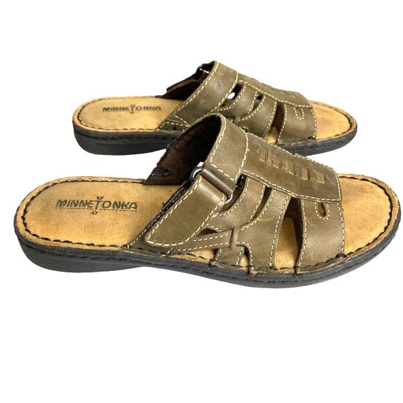 Minnetonka Slip On Leather Sandals Womens 7 Brown with Hook & Loop Closure - Picture 1 of 9